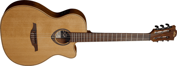 Country Auditorium slim cutaway electro Guitar with Nylon Strings.