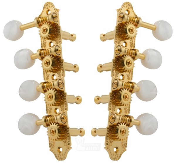 F-Style Mandolin Tuning Machines 4 x 4 Tuners Set, Gold with Pearloid Buttons