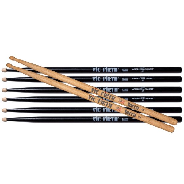 American Classic 5A Drumsticks With Black Finish & Free Pair Of 5AT Terra (4-Pair Value Pack)