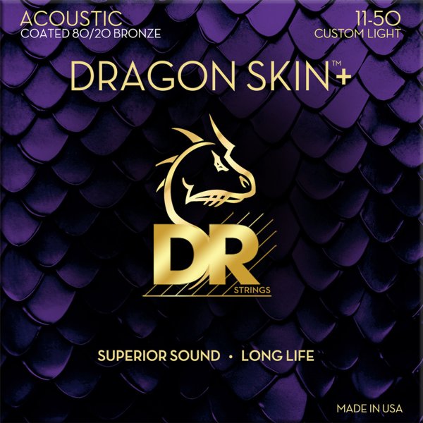 DRAGON SKIN+ Coated 80/20 Bronze Acoustic Guitar Strings, Custom Light (11-50)